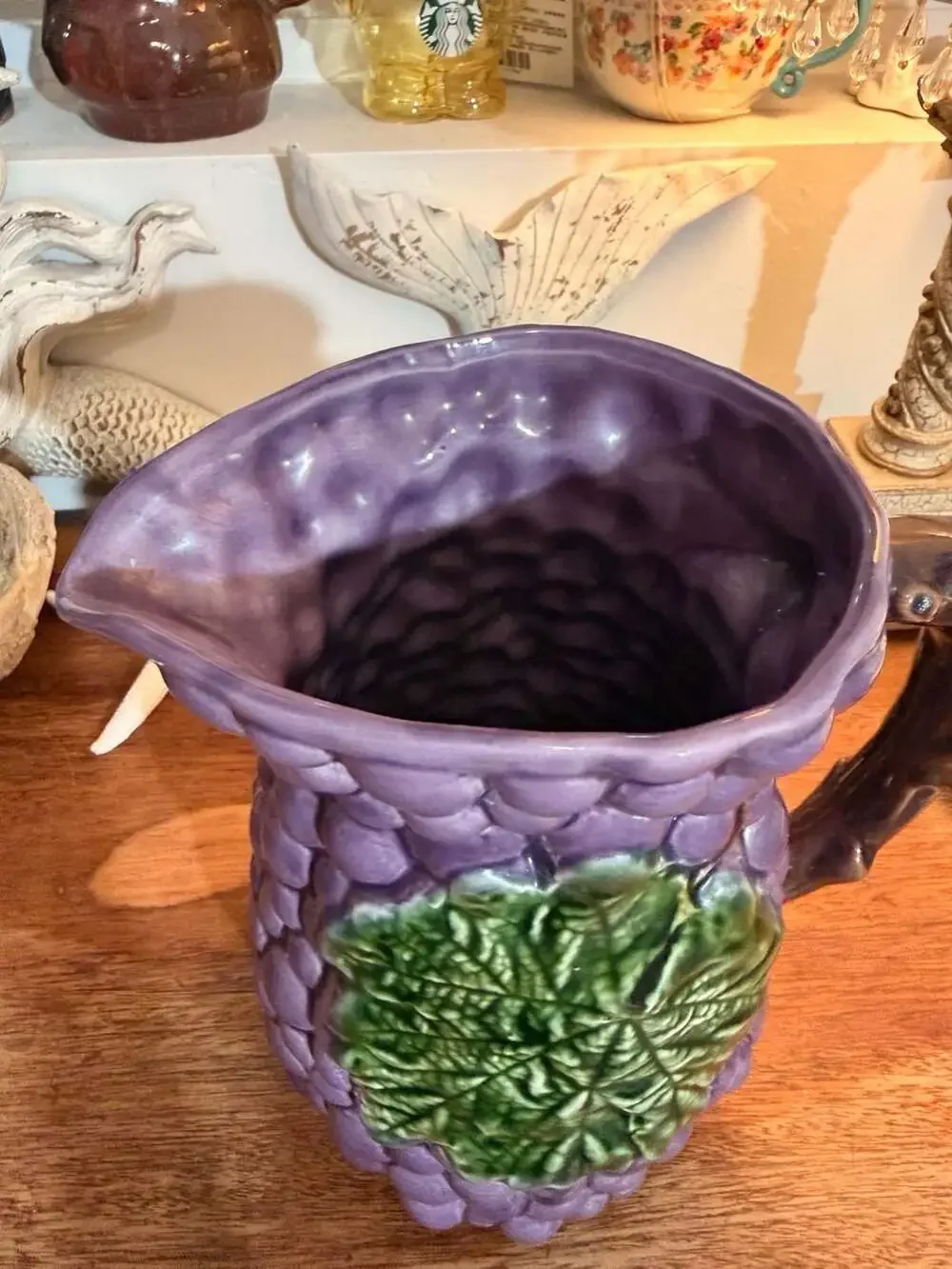 Jay Willfred Purple Grape and Green Leaf Majolica Ceramic Pitcher Jug